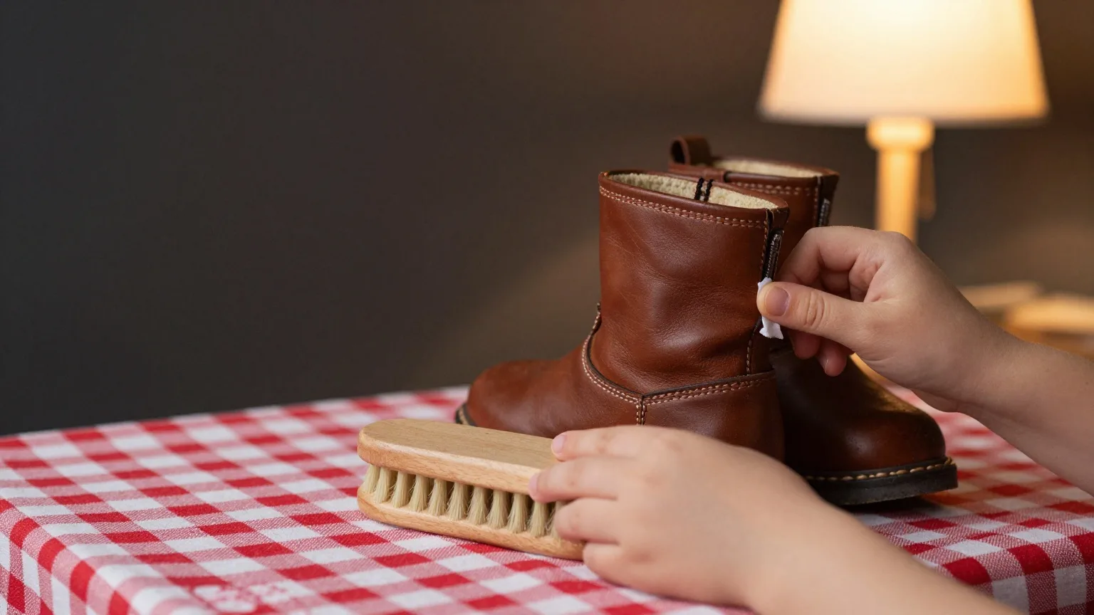 Kinderhände putzen am Abend einen kleinen Lederstiefel mit einer Holzbürste