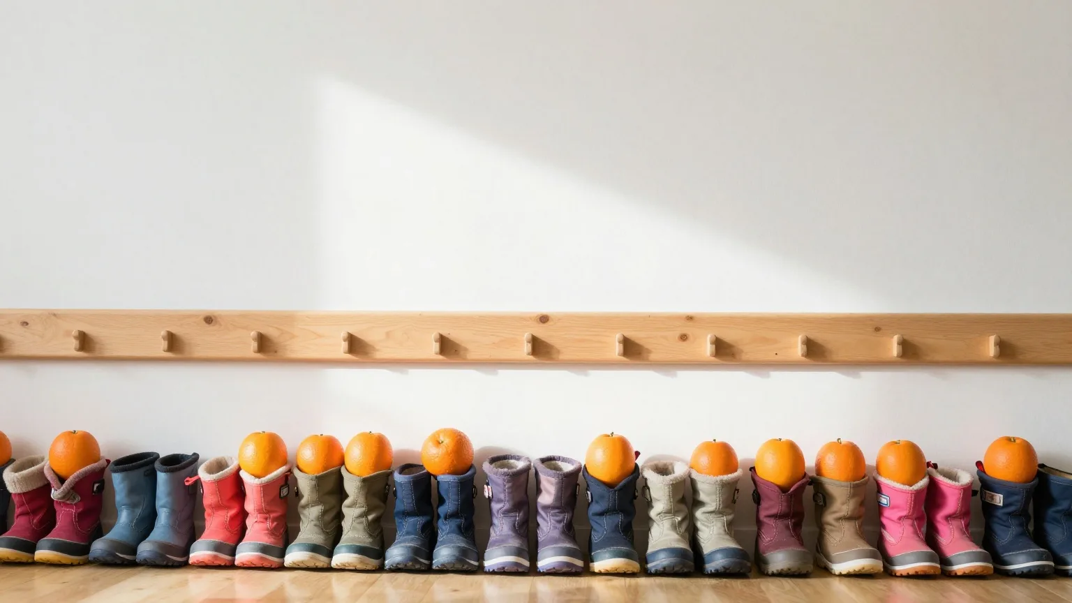 Reihe kleiner Kinderstiefel mit je einer Mandarine unter Garderobenhaken in einem Kindergartenflur