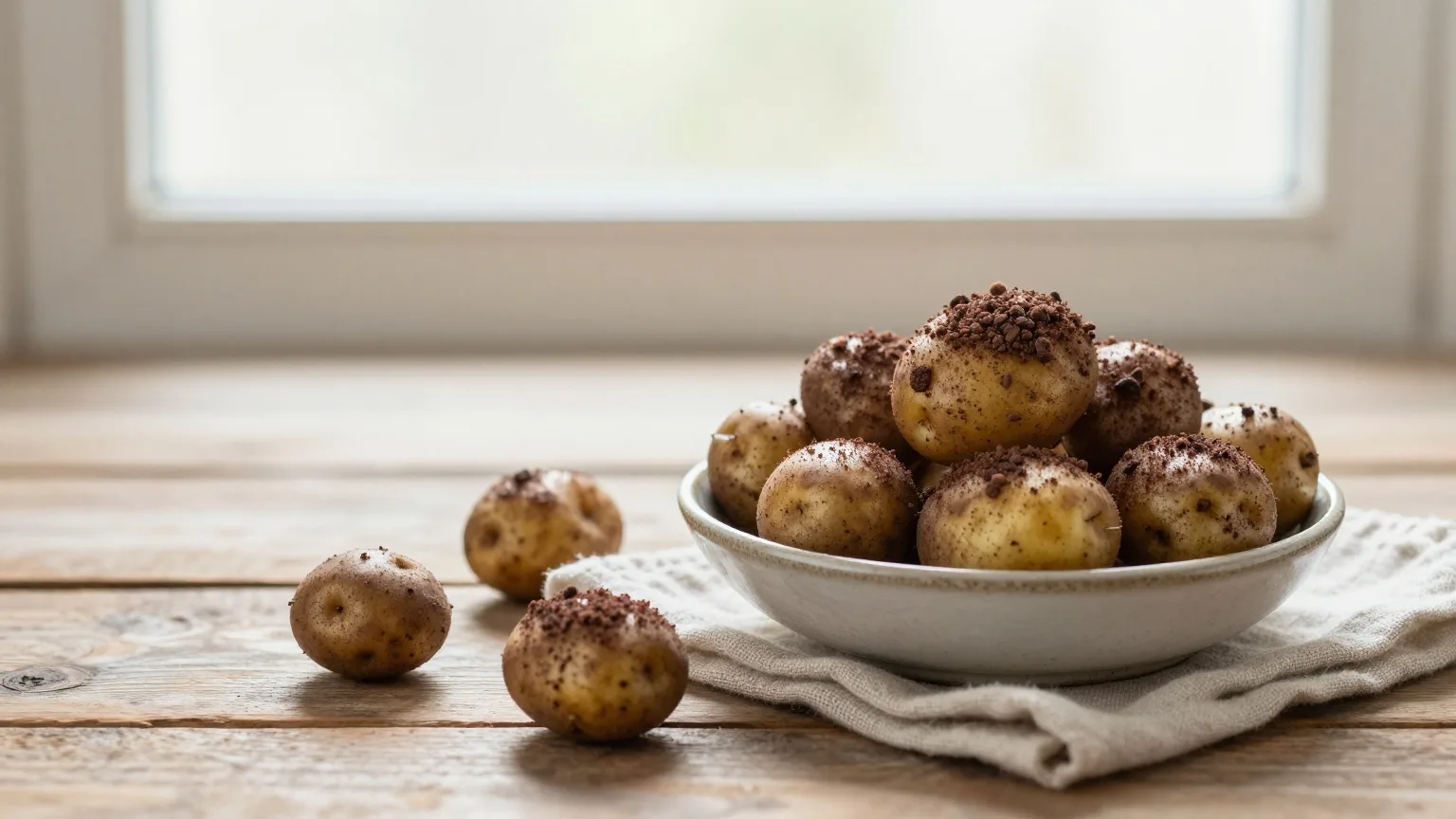 Mit Kakao bestäubte Marzipankartoffeln in einer kleinen Keramikschale auf einem Holztisch