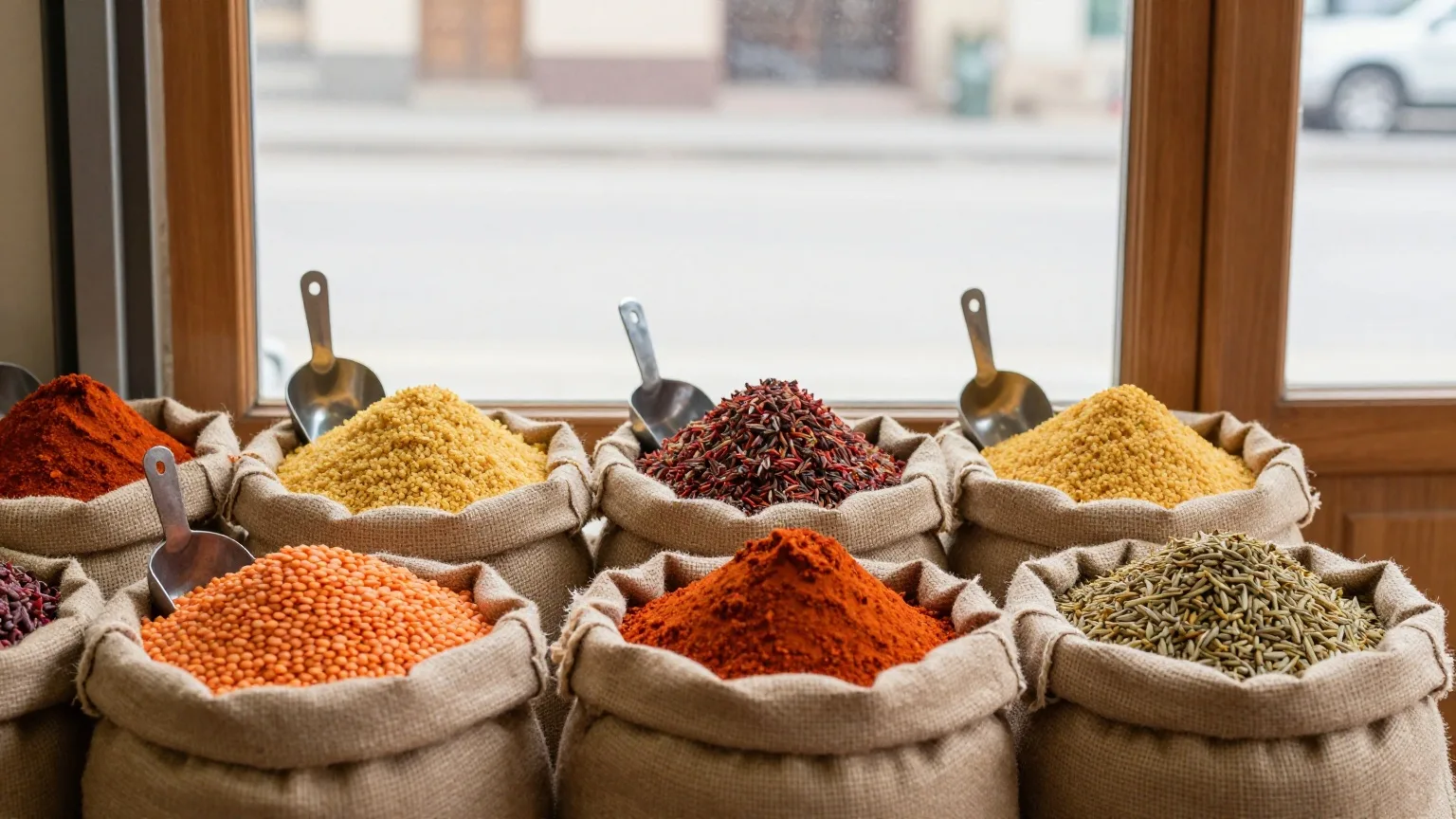 Offene Jutesäcke mit roten Linsen, Bulgur und Gewürzen in einem kleinen Gewürzladen