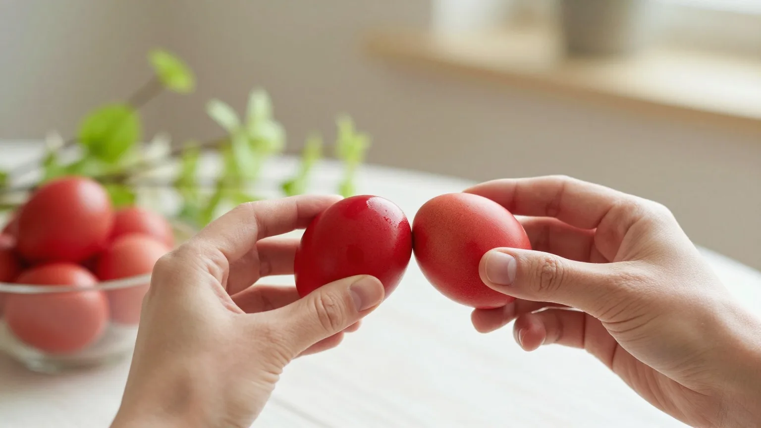Zwei Hände stoßen rot gefärbte Eier gegeneinander über einem festlich gedeckten Tisch