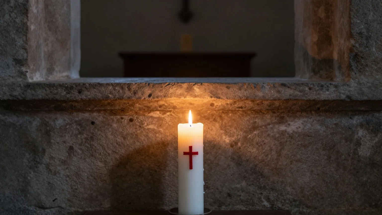 Brennende Osterkerze in einer dunklen Dorfkirche in der Osternacht