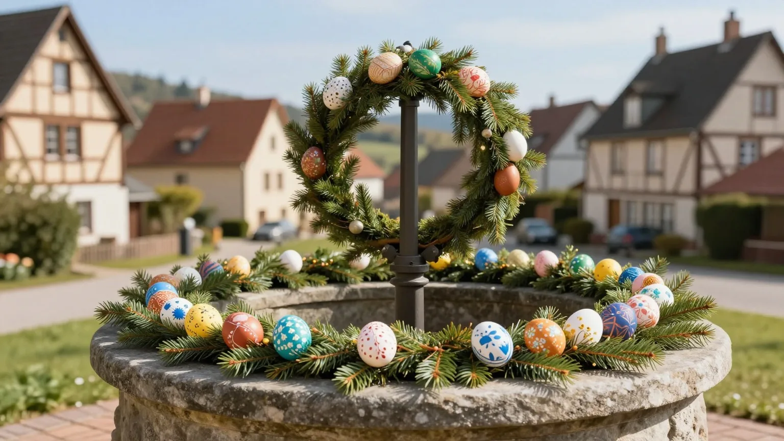 Mit Girlanden und bemalten Eiern geschmückter Osterbrunnen in einem Dorf