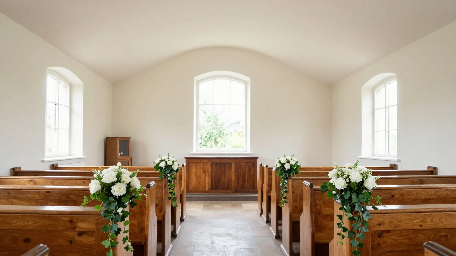 Weiße Blumengestecke mit Efeu an den Enden der Kirchenbänke vor einem Festgottesdienst
