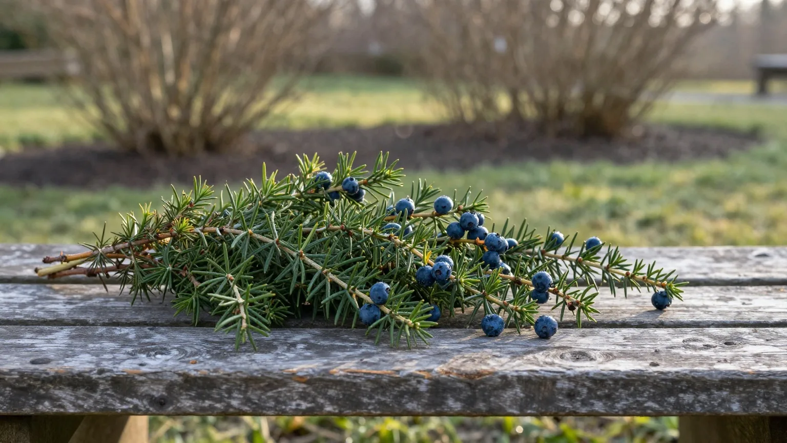Frisch geschnittene Wacholderzweige mit dunkelblauen Beeren auf einer Gartenbank an einem Märzmorgen