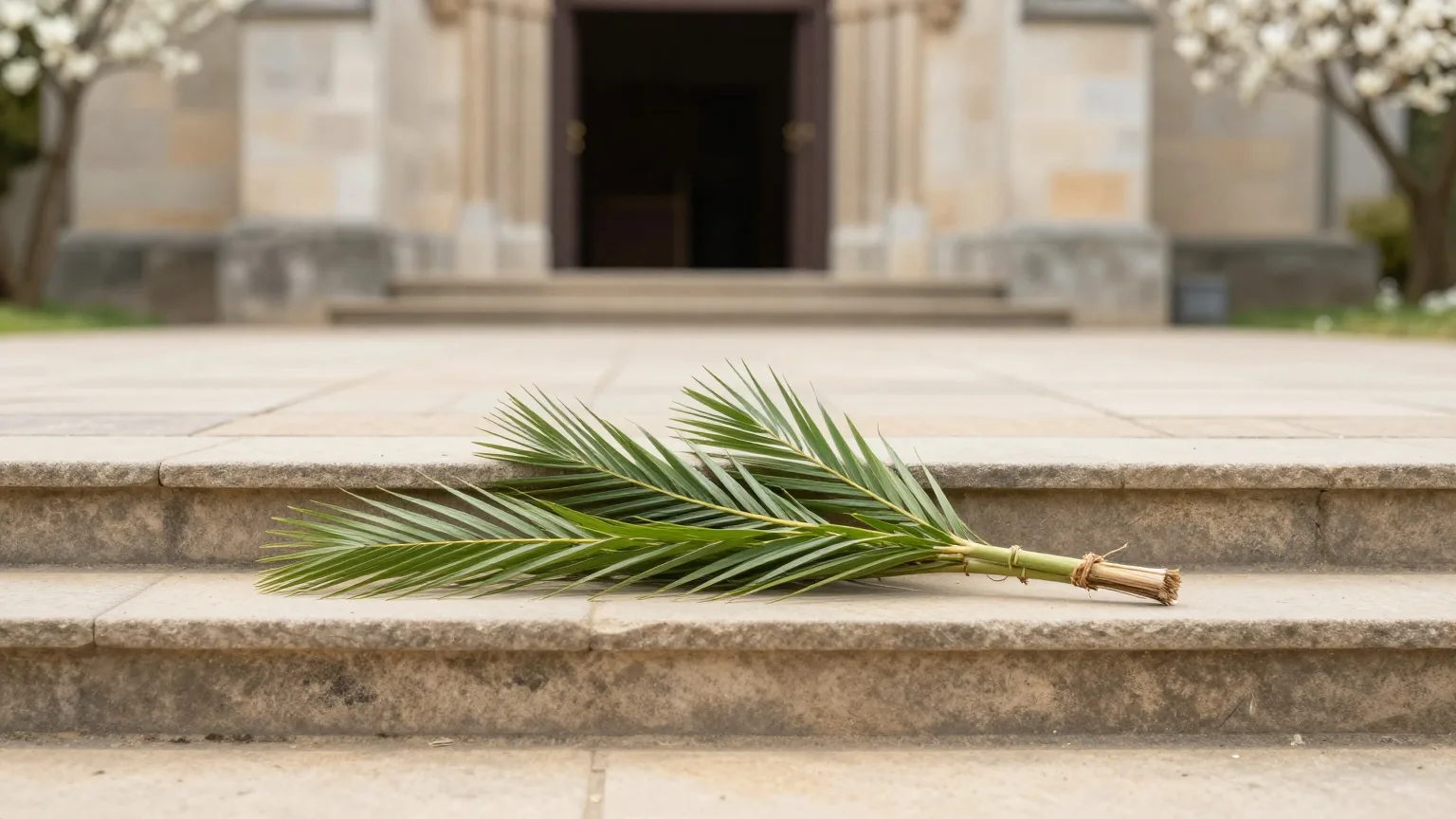 Frisch geschnittene grüne Palmwedel auf den hellen Steinstufen vor einer Kirche im Aprillicht