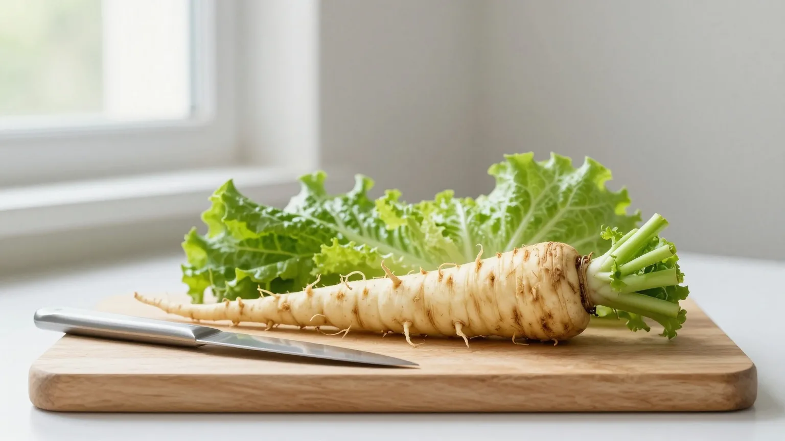 Frische Meerrettichwurzel und Blätter von Kopfsalat auf einem hellen Holzbrett