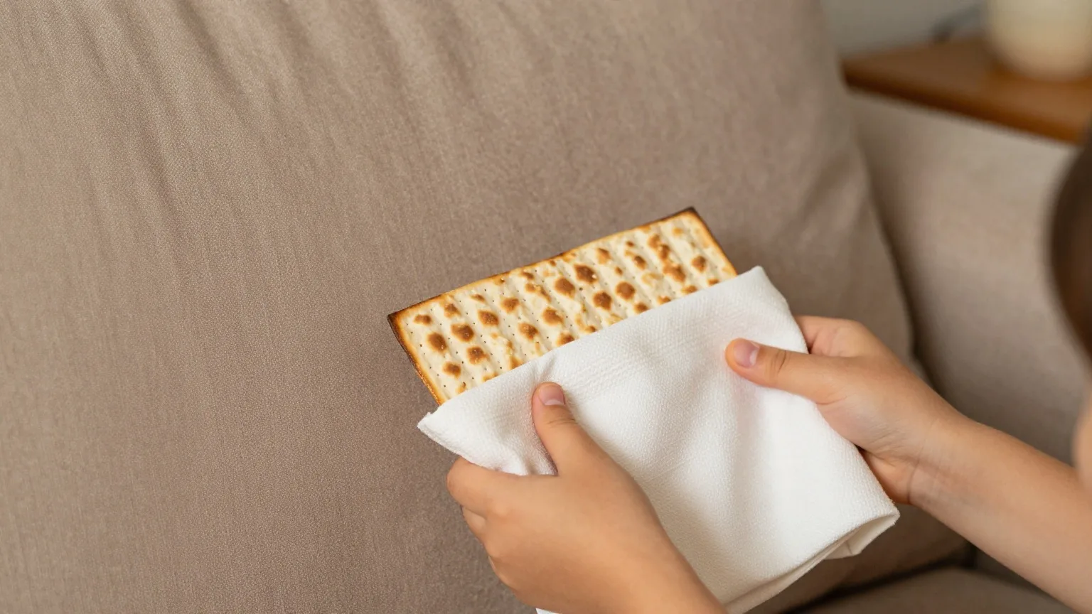 Kinderhände ziehen ein in eine weiße Serviette gewickeltes Stück Mazza hinter einem Sofakissen hervor