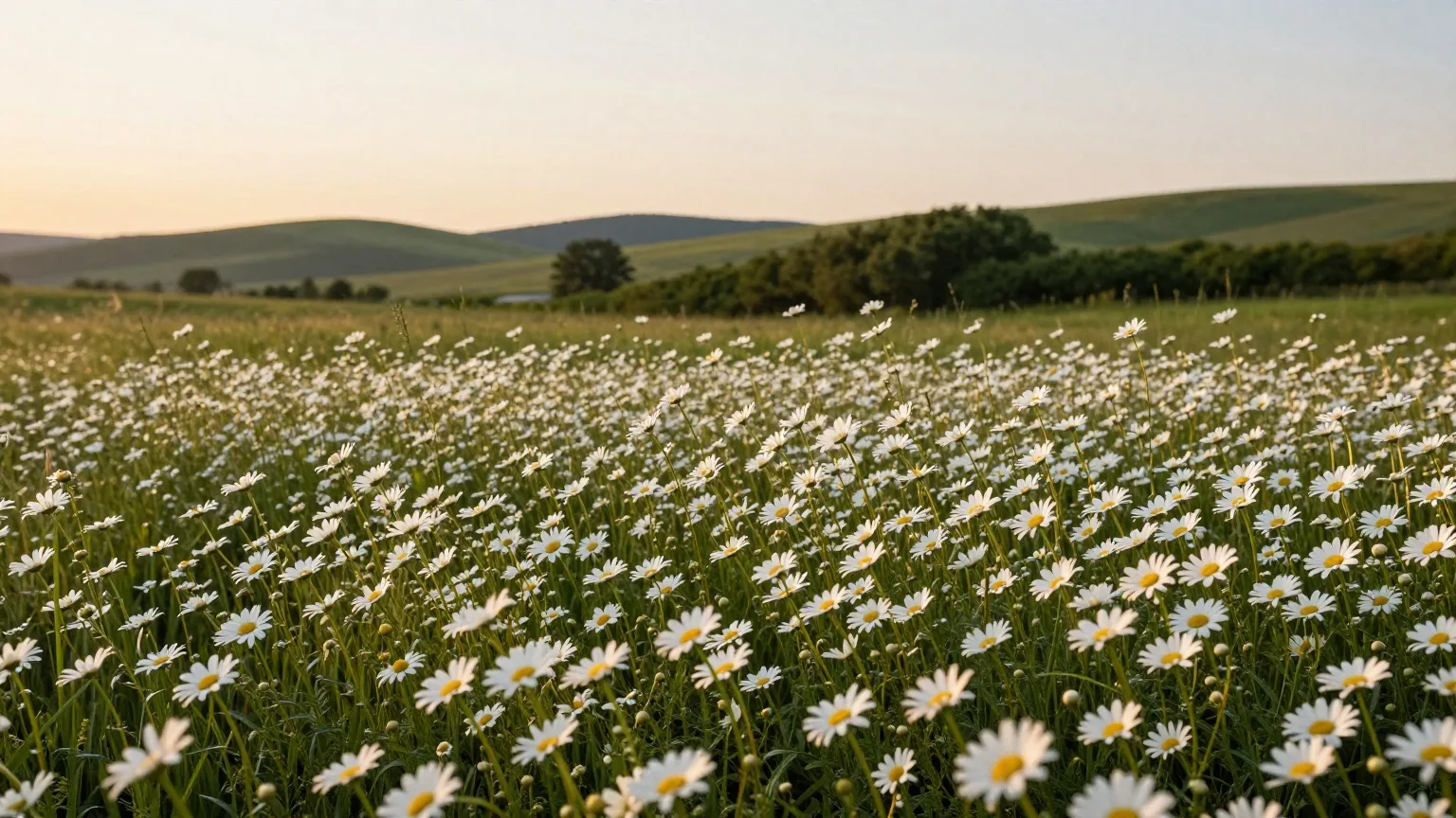 Wiese mit blühenden Margeriten im Abendlicht Anfang Juni