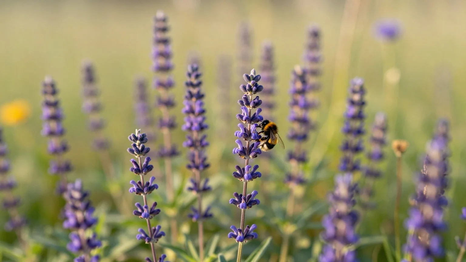 Blühender Wiesensalbei mit einer Hummel auf einer Wiese im Mai