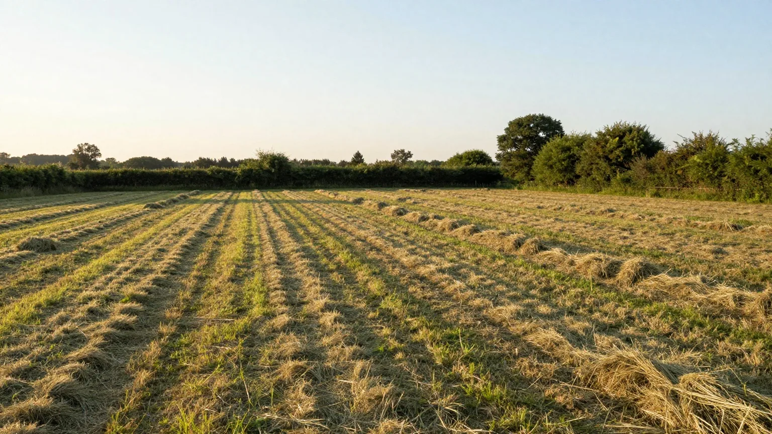 Frisch gemähte Wiese mit Heuschwaden in der Abendsonne Anfang Juni