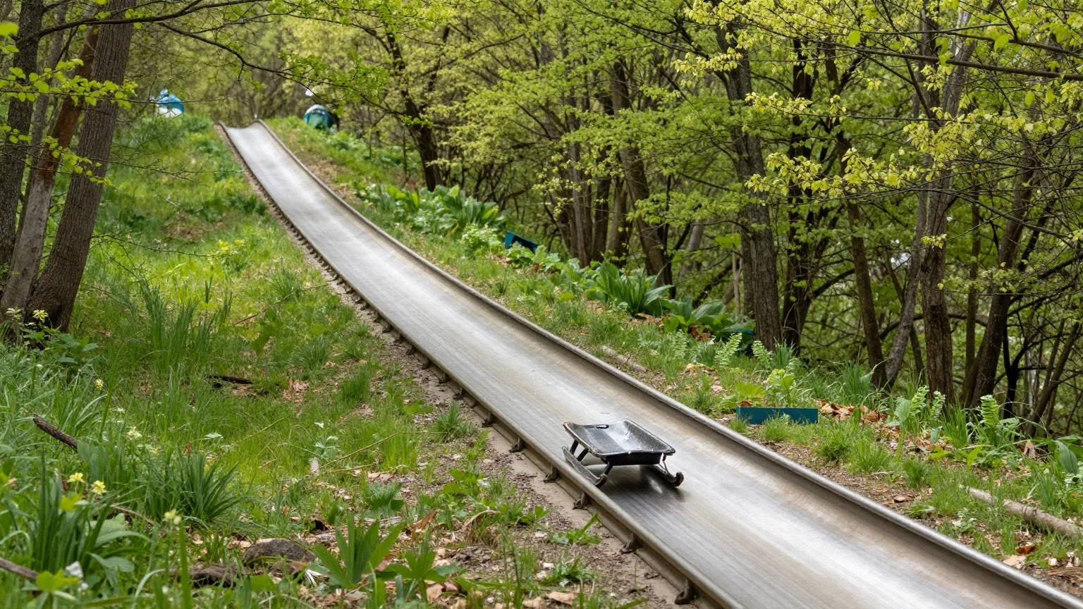 Leere Sommerrodelbahn schlängelt sich durch einen grünen Hangwald im Mai