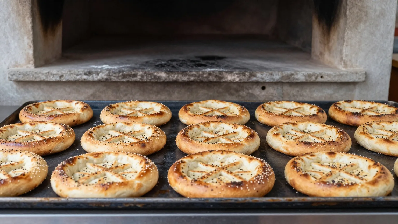 Viele frisch gebackene runde Fladenbrote mit Sesam und Schwarzkümmel auf Blechen vor einem Steinofen in einer Bäckerei