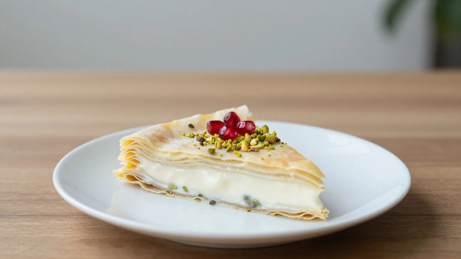 Ein Stück Güllaç, ein Milchdessert aus hauchdünnen Teigblättern mit Pistazien und Granatapfelkernen, auf einem Teller