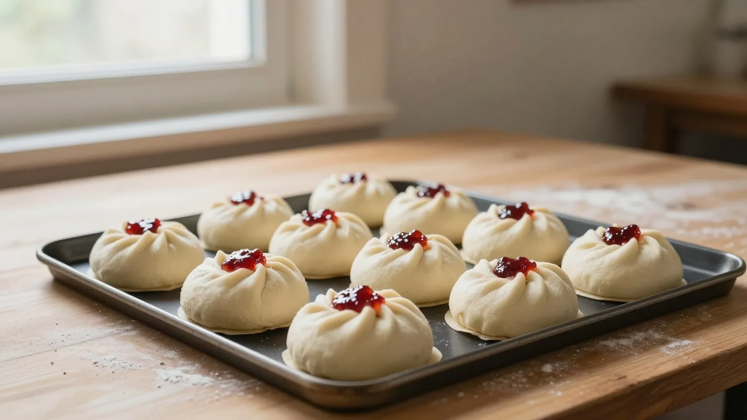 Runde Hefebrötchen mit roter Marmelade in der Mitte auf einem Backblech in einer Backstube