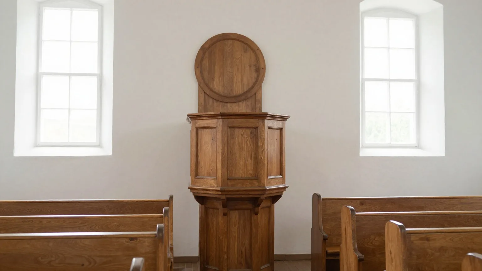 Leere Holzkanzel mit Schalldeckel in einer hellen, schlichten Kirche im Morgenlicht