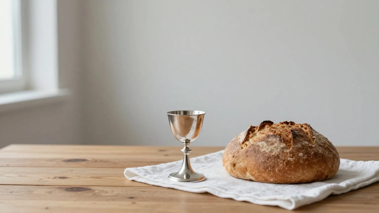 Silberner Abendmahlskelch und ein Laib Brot auf einem weißen Leinentuch