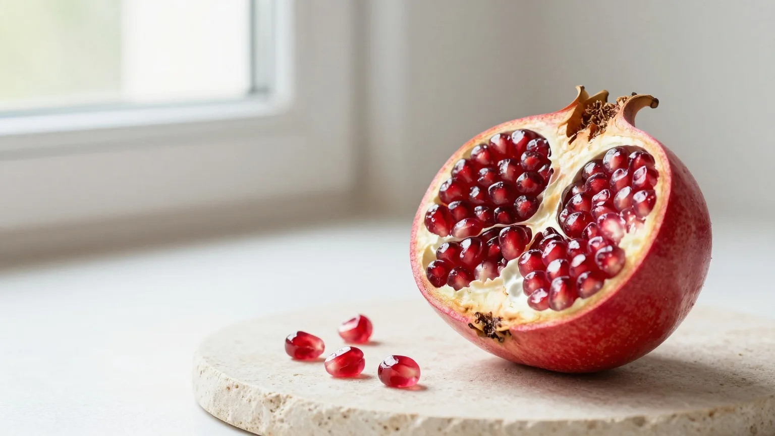 Aufgeschnittener Granatapfel mit leuchtend roten Kernen auf einem hellen Steinteller