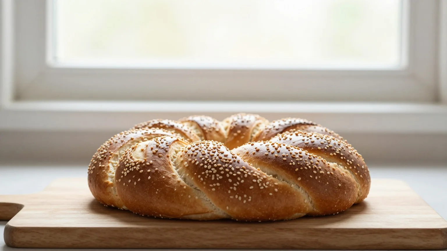 Runde, kuppelförmig gewickelte Challa mit Sesam auf einem Holzbrett im Morgenlicht