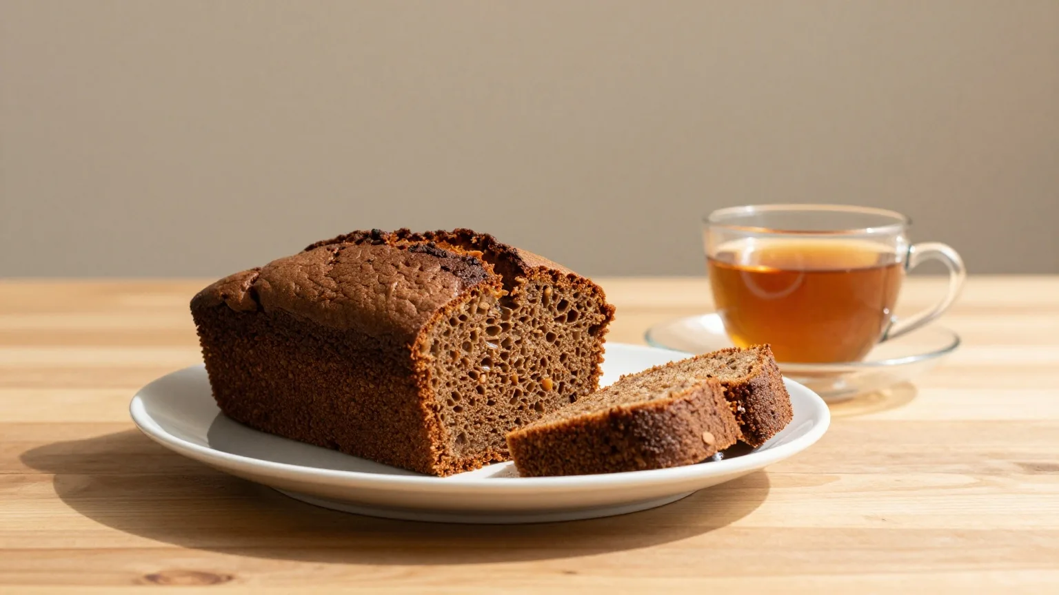 Dunkler Honigkuchen in Scheiben auf einer Kuchenplatte neben einer Tasse Tee