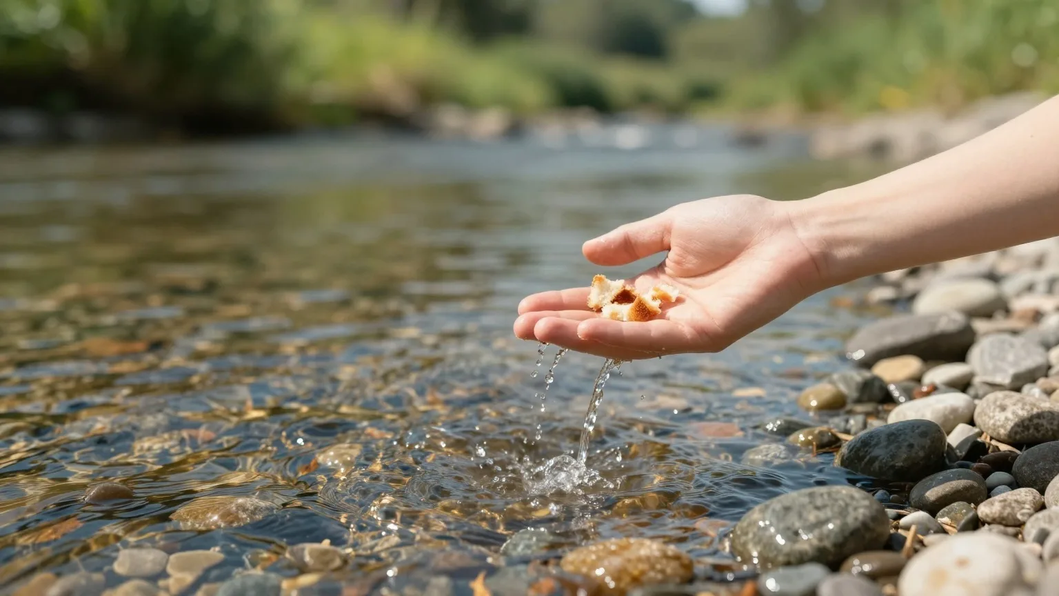 Brotkrumen rieseln aus einer Hand in das klare Wasser eines Baches im Spätsommerlicht
