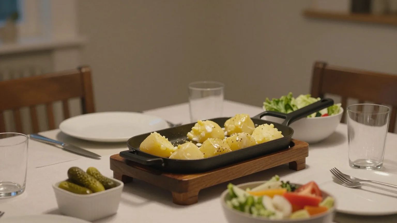 Raclette-Grill mit Pfännchen, Kartoffeln und Gemüse auf einem gedeckten Tisch am Abend