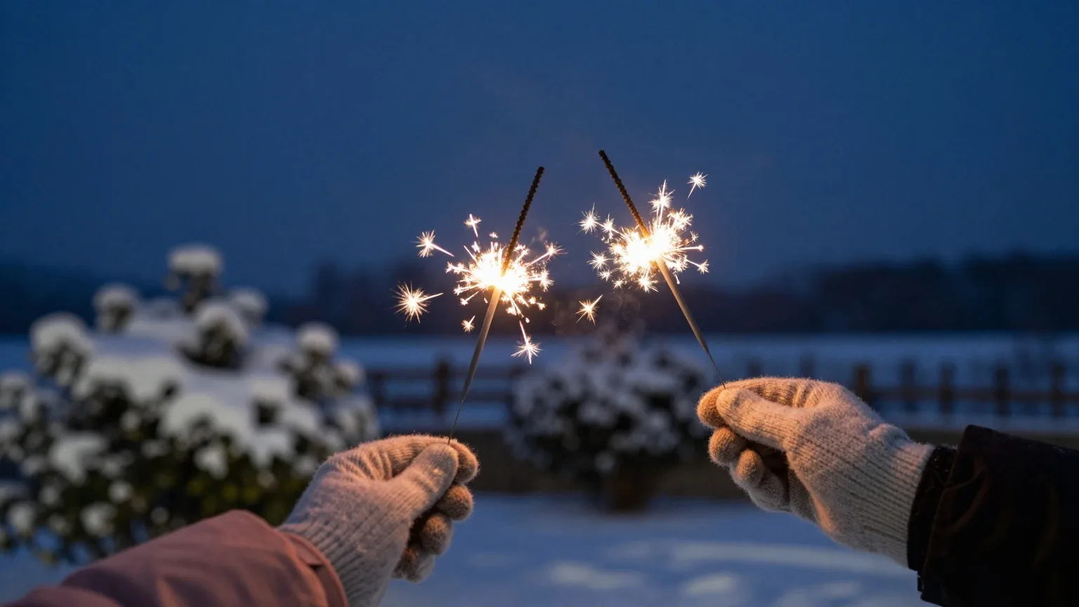Zwei sprühende Wunderkerzen in Händen mit Strickhandschuhen vor dem winterlichen Nachthimmel
