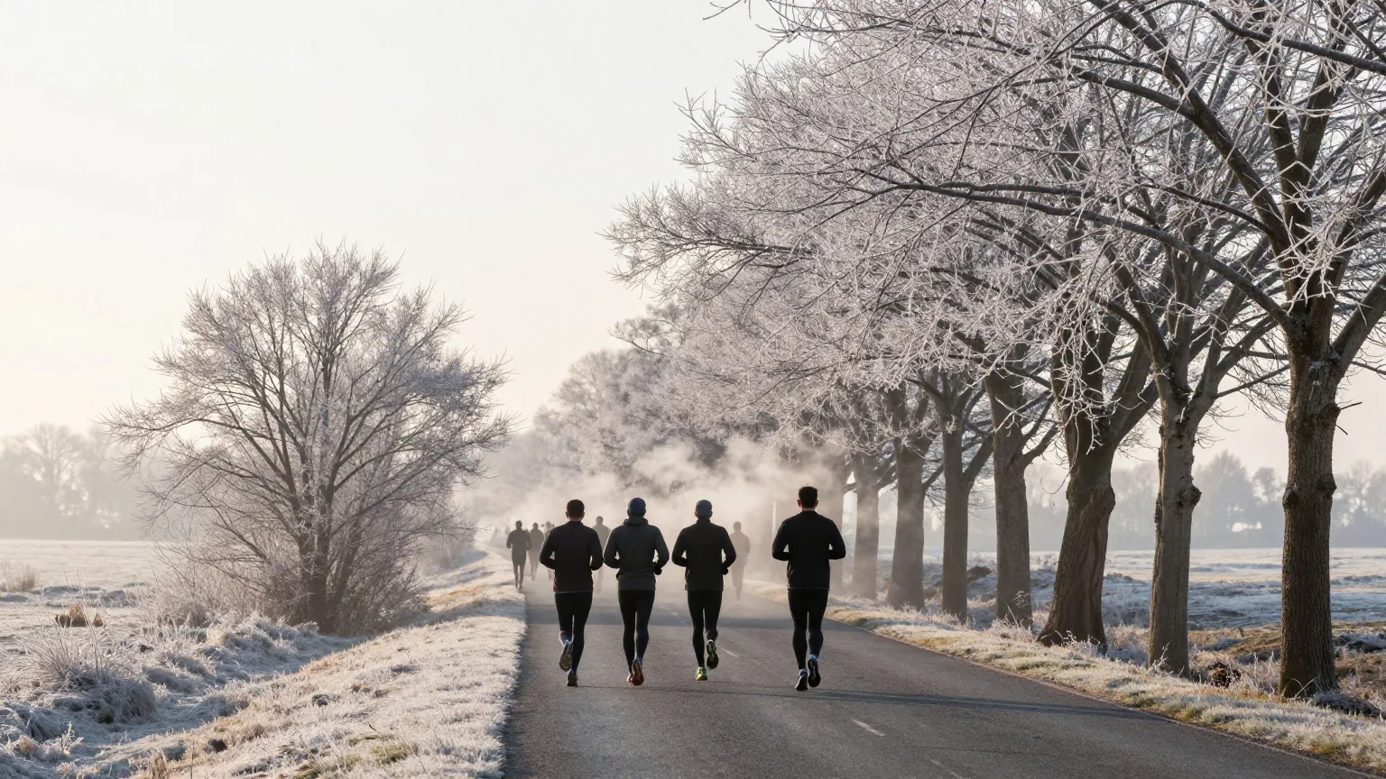 Läufer von hinten auf einer frostigen Allee an einem kalten Wintermorgen