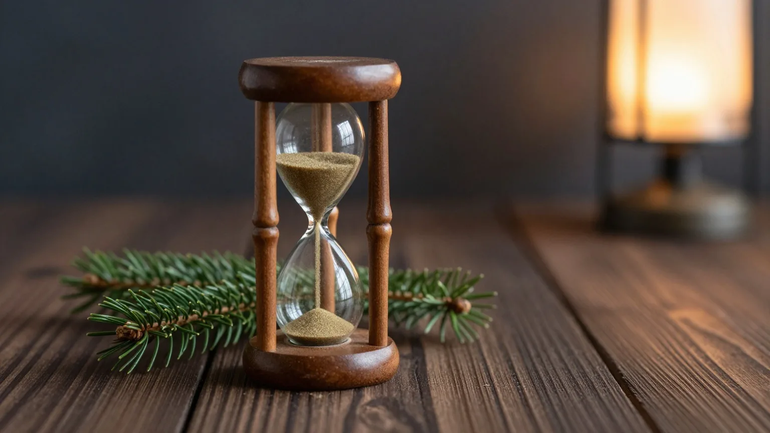 Alte Sanduhr aus Holz, durch die feiner Sand rinnt, auf einem dunklen Tisch am Abend