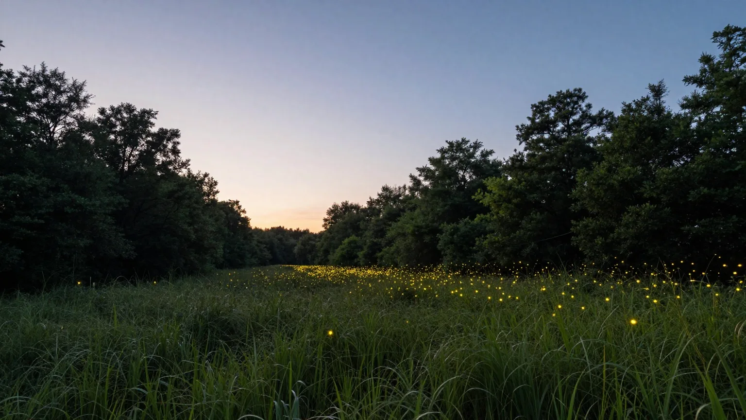 Glühwürmchen leuchten über einer Waldlichtung in der späten Abenddämmerung