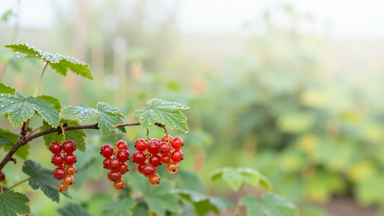 Reife rote Johannisbeeren an einem Strauch im Garten im Morgenlicht