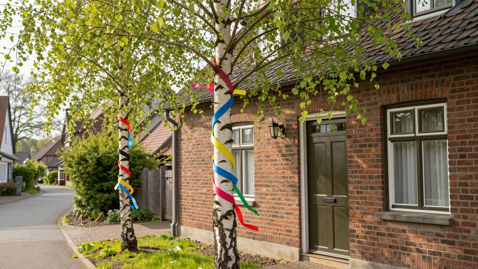 Junge Birke mit bunten Bändern als Liebesmaie an einem Hauseingang in einer Dorfstraße