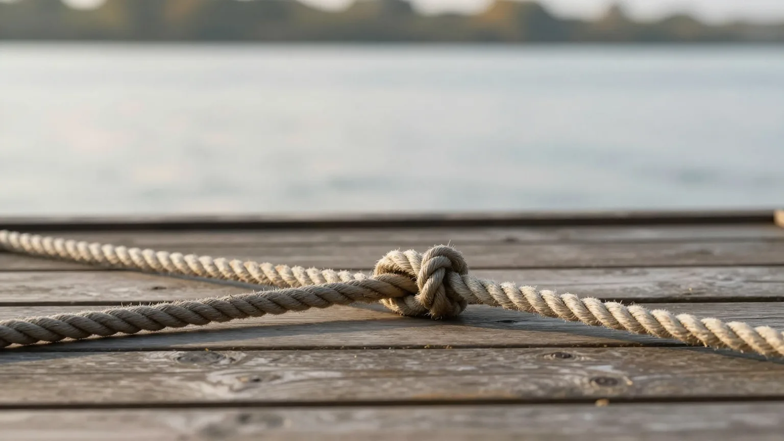 Zwei Tauenden, fest zu einem Knoten verbunden, auf den Planken eines Holzstegs am Fluss