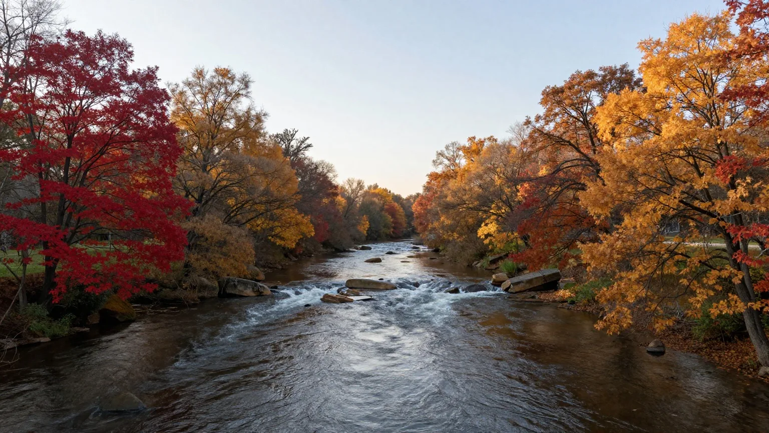 Zwei Bäche fließen zwischen herbstlich gefärbten Bäumen zu einem Fluss zusammen