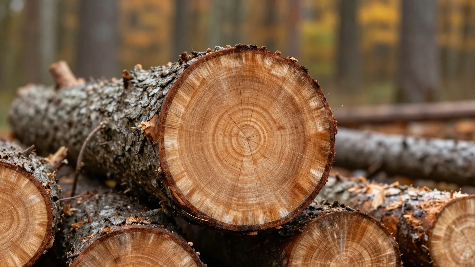 Frisch gesägte Baumscheibe mit vielen Jahresringen auf einem Holzstapel im Herbstlicht