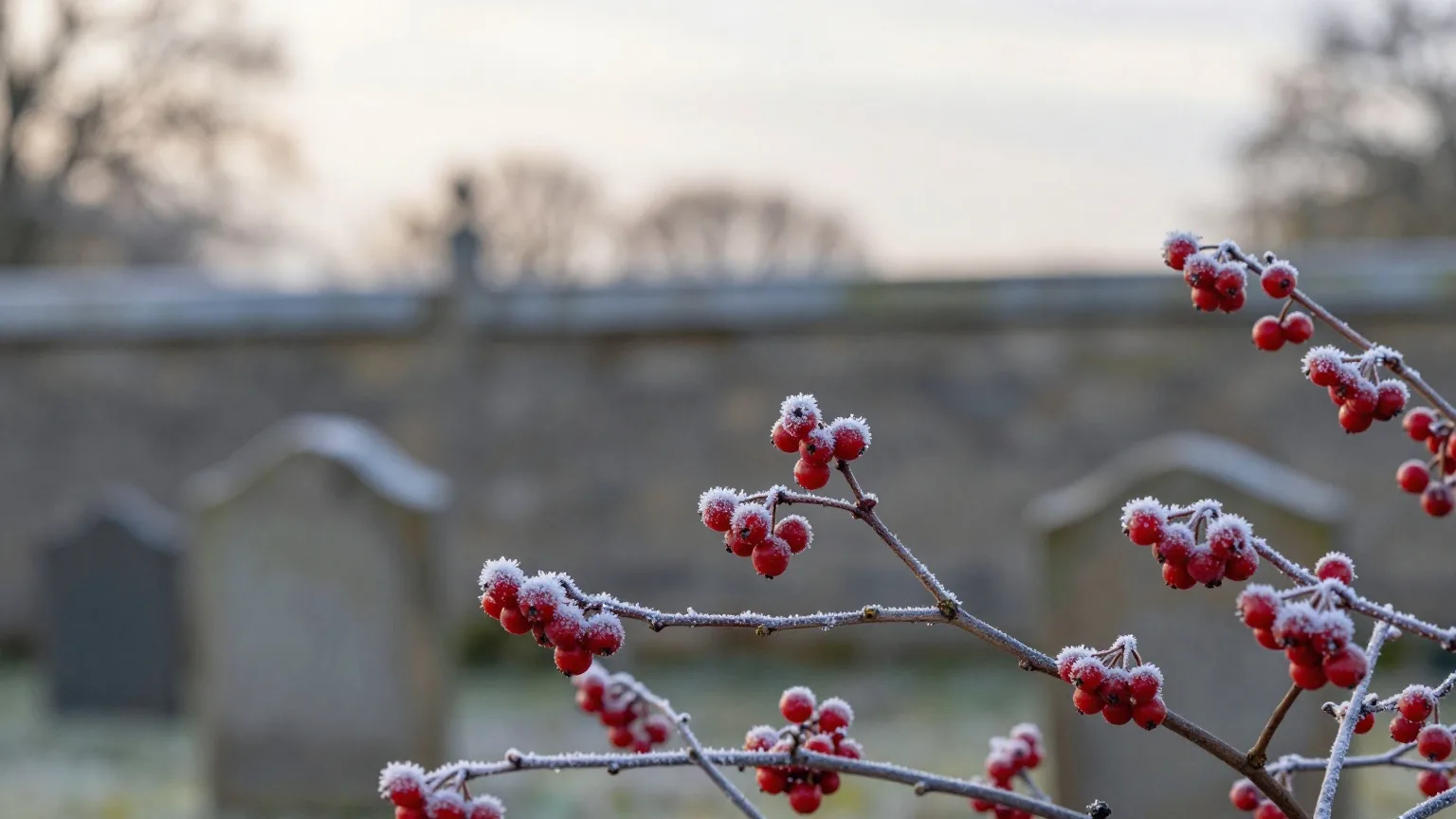 Zweige einer Eibe mit roten Beeren unter feinem Raureif, dahinter unscharf eine Friedhofsmauer