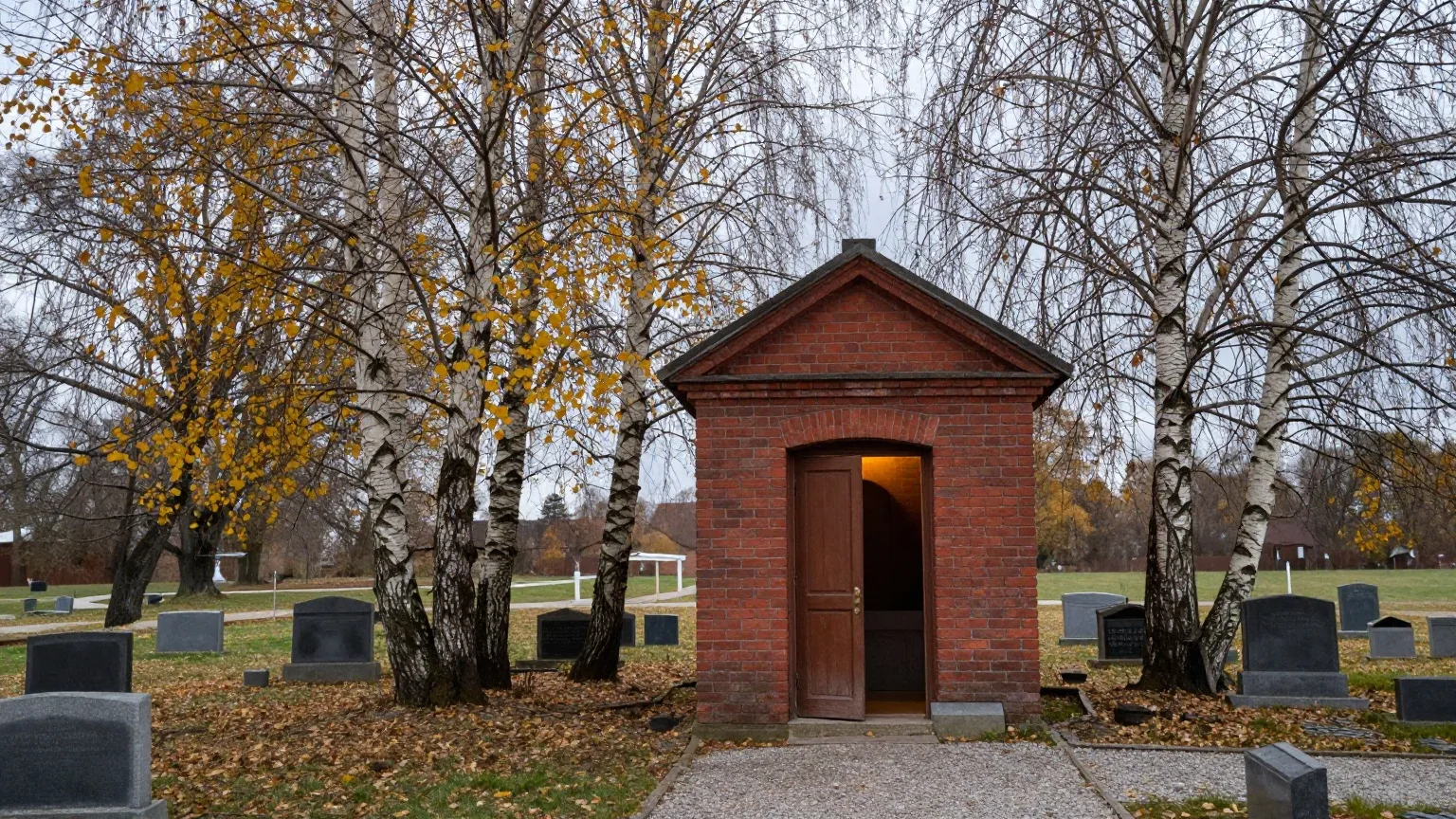 Kleine Friedhofskapelle aus rotem Backstein mit geöffneter Holztür, davor Birken mit letztem gelbem Laub
