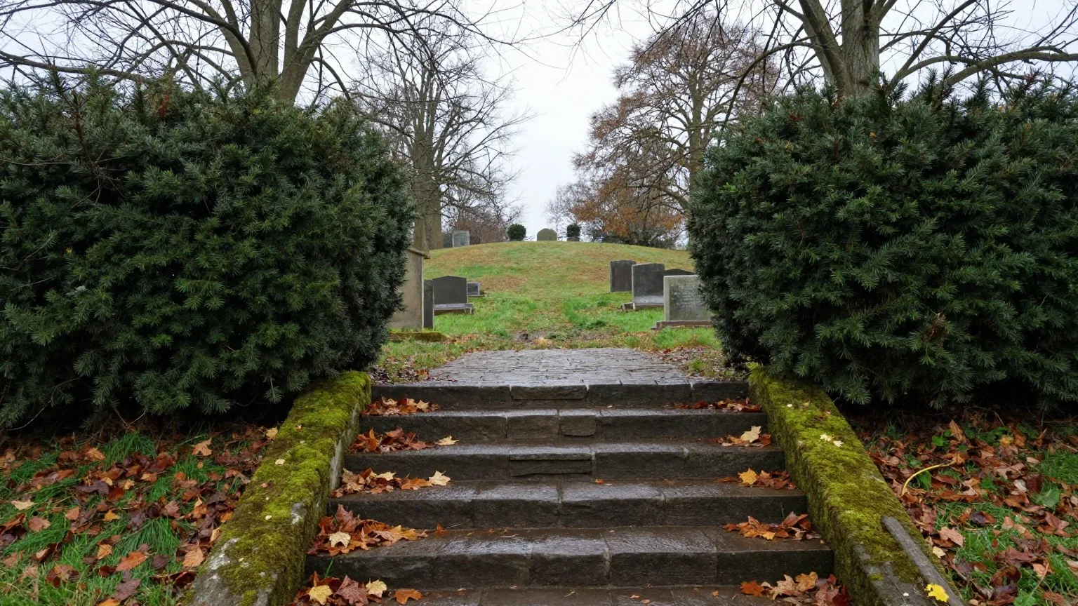 Moosbewachsene Steinstufen mit nassem Herbstlaub führen durch eine Hecke zu einem Friedhof am Hang