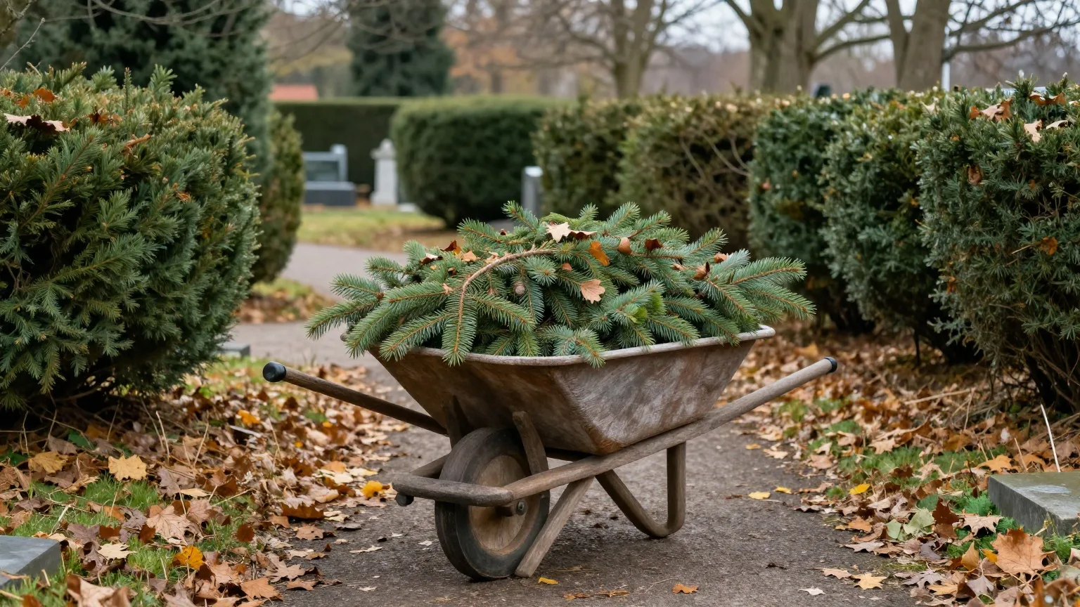 Hölzerne Schubkarre voller frischer Tannenzweige auf einem laubbedeckten Friedhofsweg