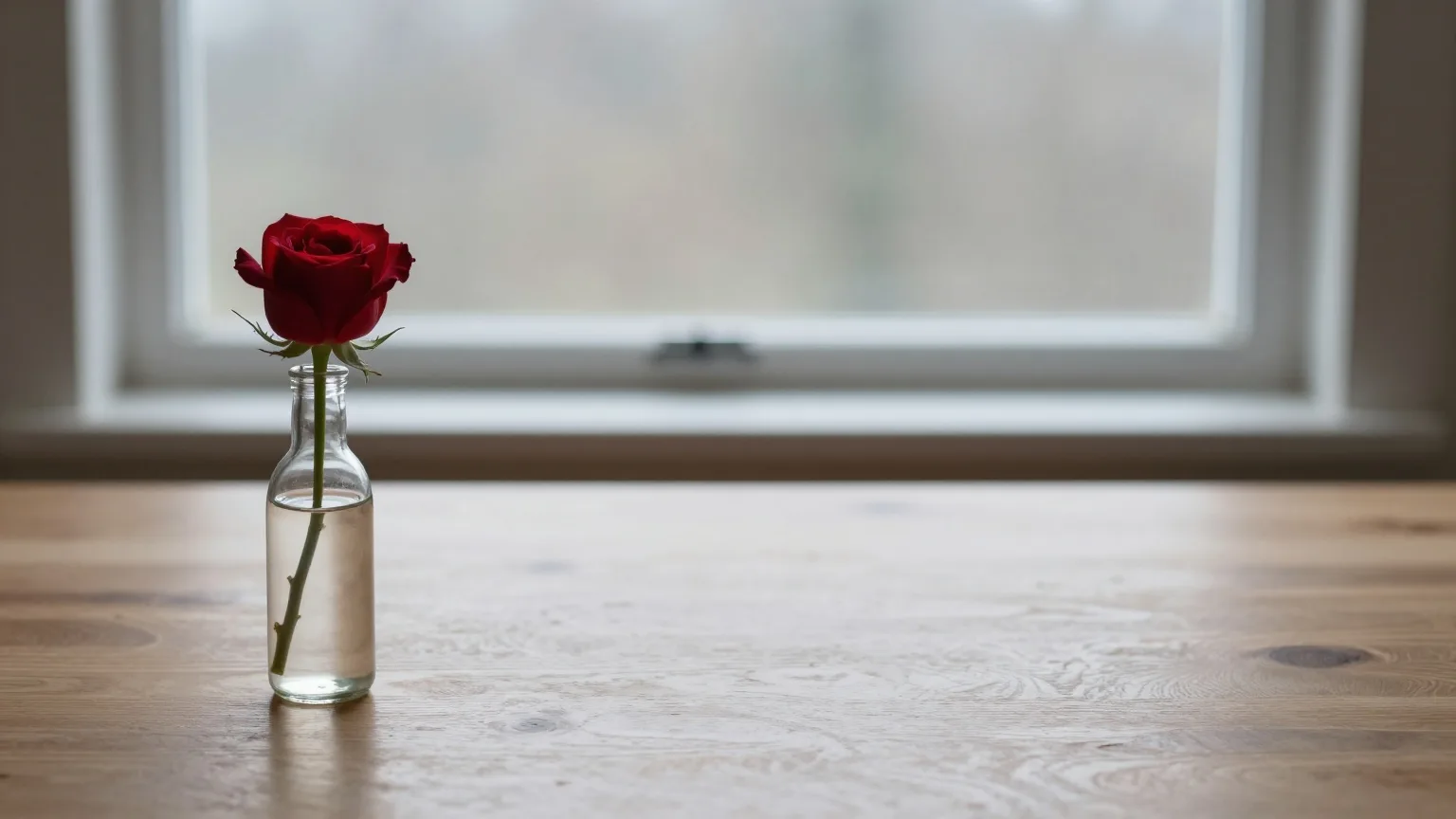 Einzelne rote Rose in einer schlichten Glasflasche auf einem leeren Holztisch