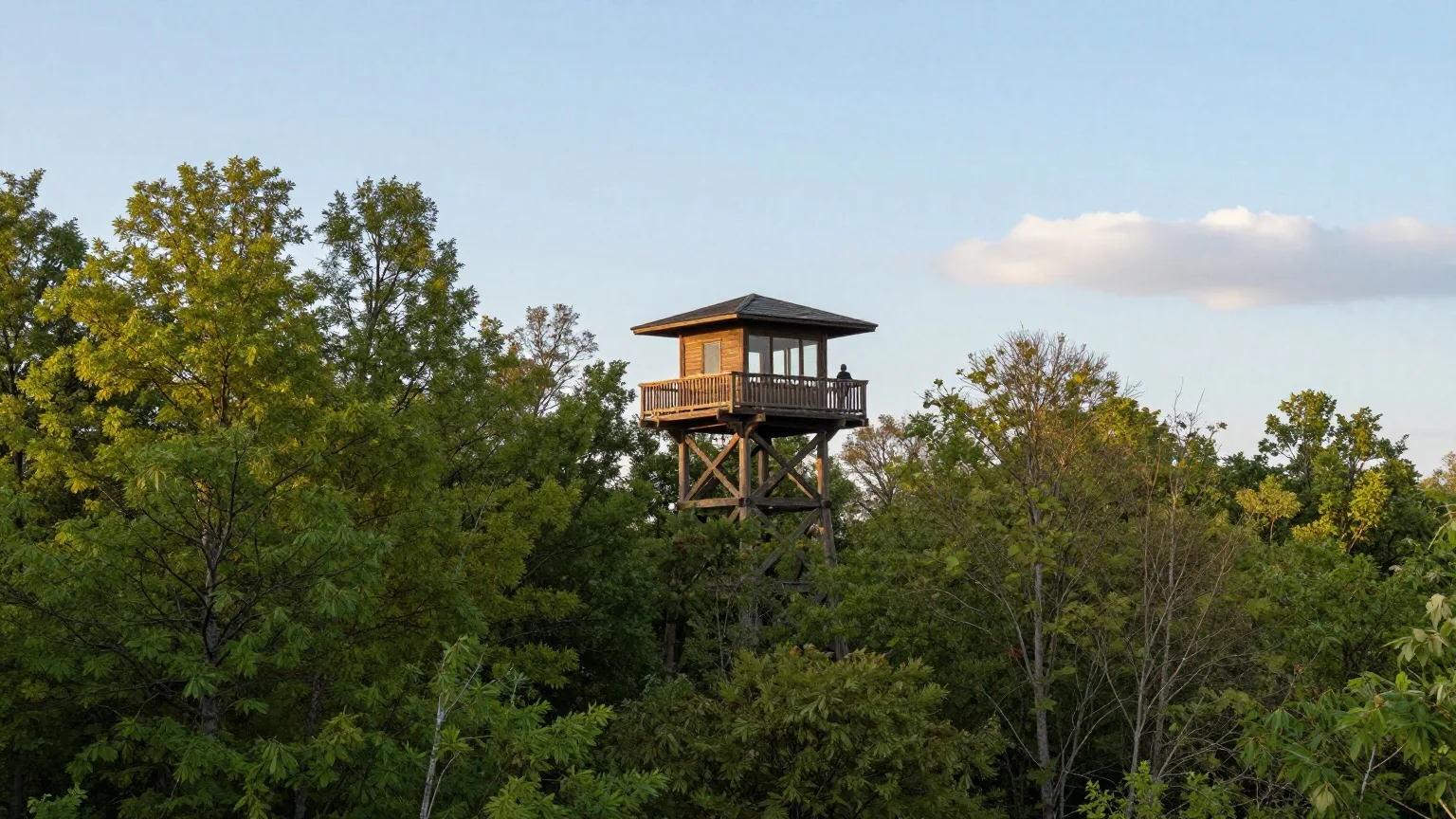 Hölzerner Aussichtsturm über den Baumwipfeln eines Mischwalds Ende Mai, zwei Wanderer in der Ferne auf der Plattform