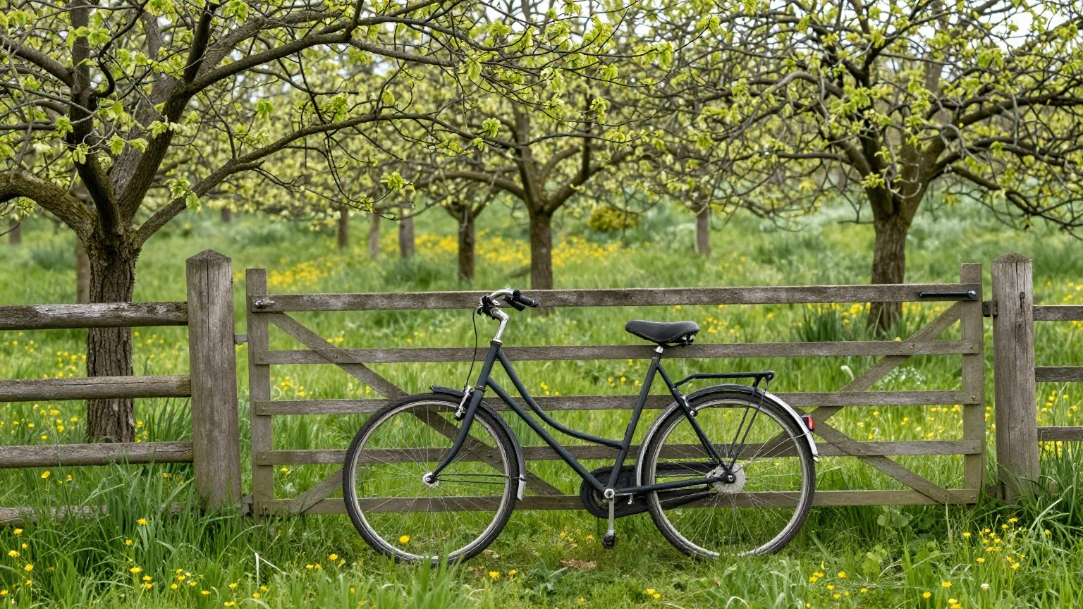 Tandem-Fahrrad lehnt an einem Holzgatter vor einer Streuobstwiese im Mai