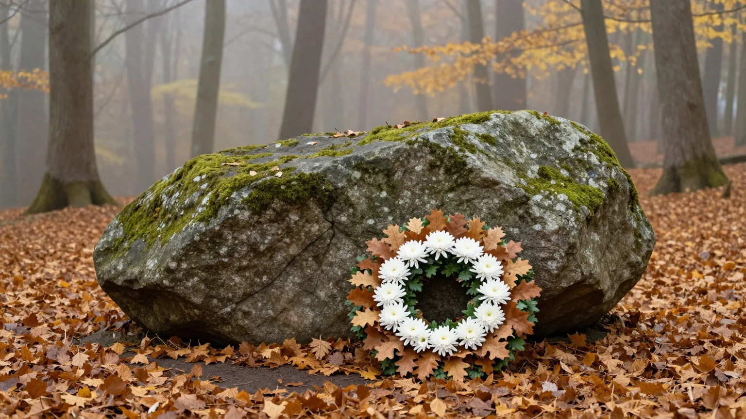 Kranz aus Eichenlaub und weißen Chrysanthemen ohne Schleife vor einem moosbewachsenen Findling im herbstlichen Buchenwald