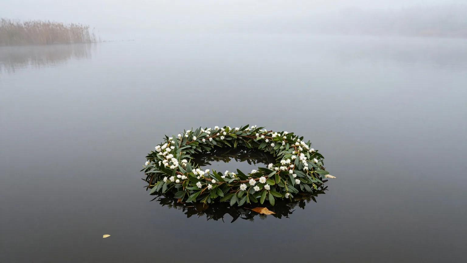 Ein Kranz aus Buchsbaum und weißen Blüten treibt auf einem stillen, nebligen See