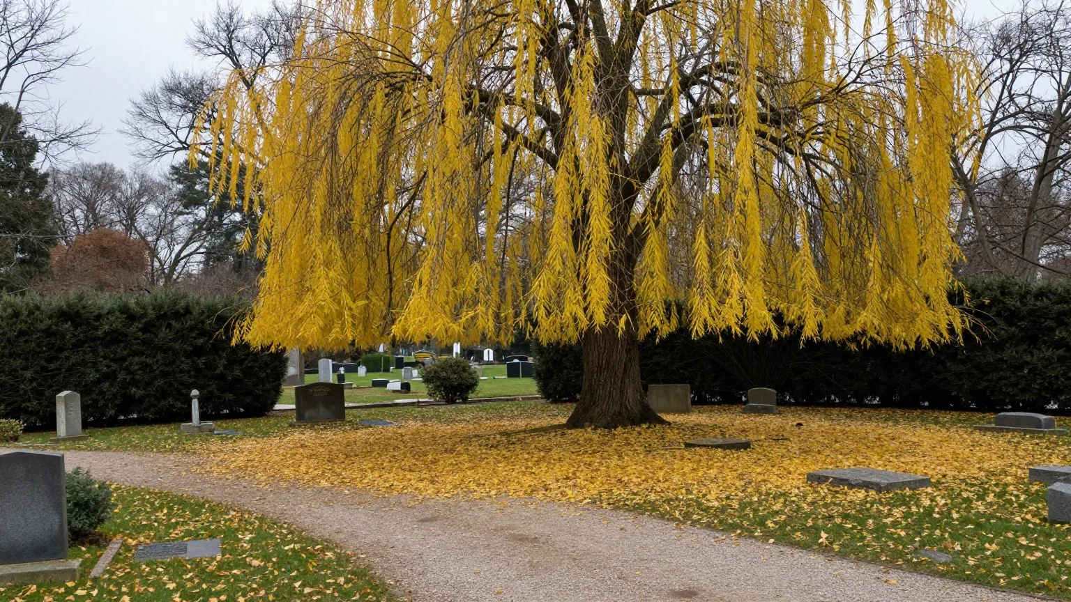 Große Trauerweide mit gelbem Laub auf einem Parkfriedhof, darunter ein laubbedeckter Weg