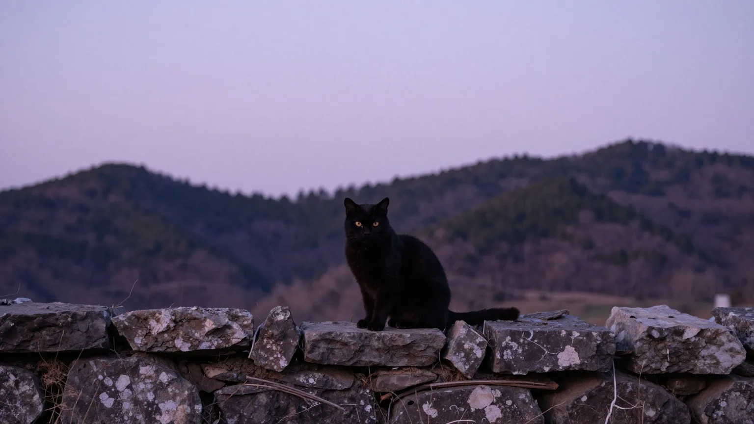 Schwarze Katze auf einer Natursteinmauer in der Abenddämmerung