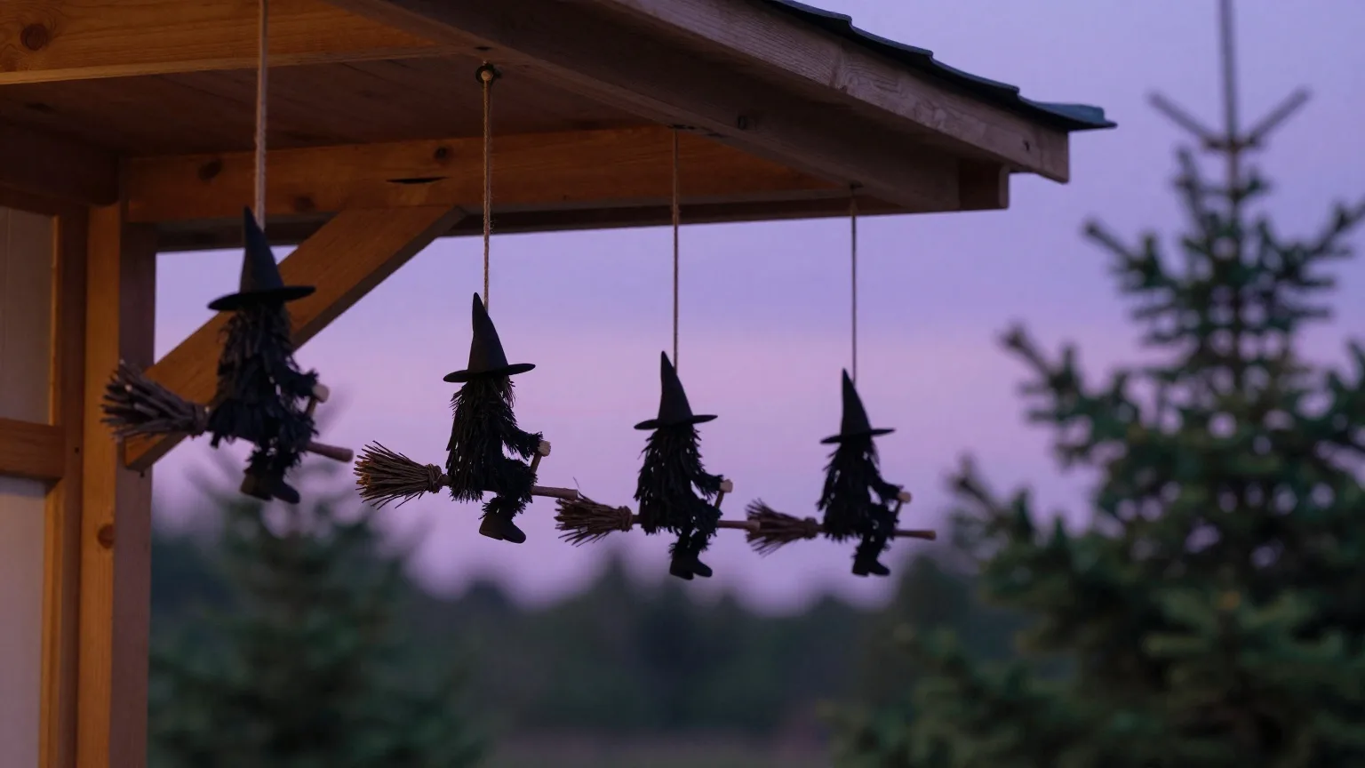 Kleine Hexenfiguren auf Besen hängen als Silhouetten unter dem Vordach eines Marktstands vor dem Abendhimmel