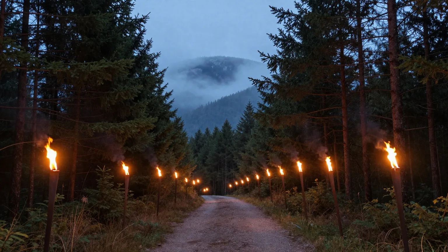 Brennende Fackeln säumen einen Waldweg im Harz in der Abenddämmerung