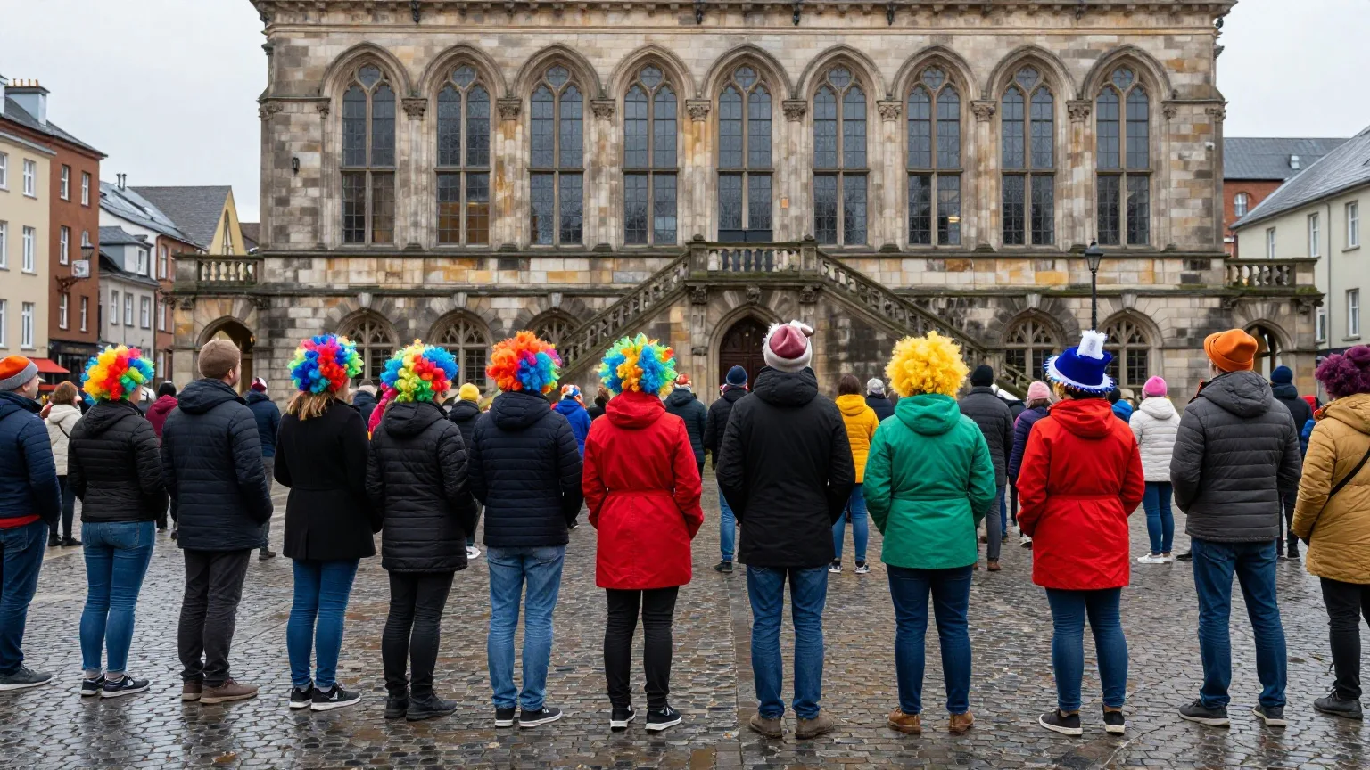 Kostümierte Menschen von hinten auf dem Platz vor einem historischen Rathaus an einem grauen Wintermorgen