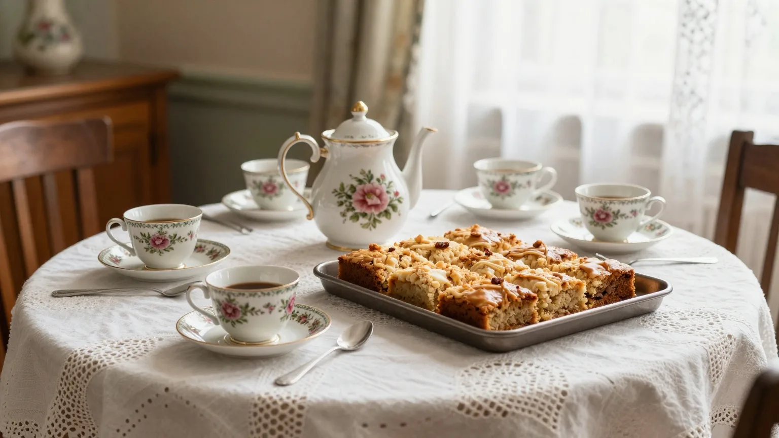 Gedeckte Kaffeetafel mit Blechkuchen, geblümter Porzellankanne und mehreren Tassen in einer alten Stube